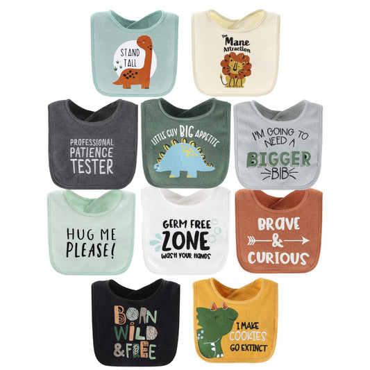 Baby Terry Bibs 10 Pack Soft Cotton Absorbent Set Dinosaur
